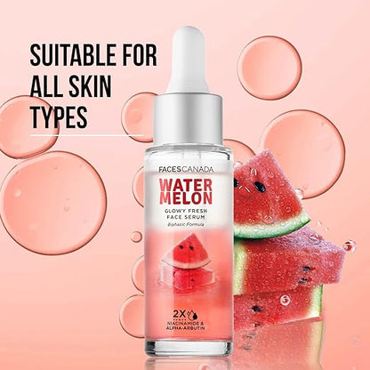 FACESCANADA Watermelon Glowy Fresh Face Serum, 27ml | Niacinamide & Alpha-Arbutin | Lightweight Refreshing Biphasic Serum For All Skin Types|No Dark Spots & Hyperpigmentation|Radiant Clear SkinVegan