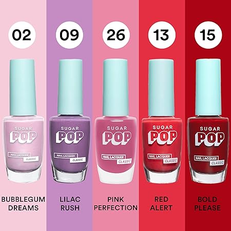 SUGAR POP 'Be A Popstar' 5 In 1 Nail Kit, 02 Bubblegum Dreams, 09 Lilac Rush, 26 Pink Perfection, 13 Red Alert & 15 Bold Please, Quick Drying & Long-Lasting, Glossy Finish For Women, 10ml