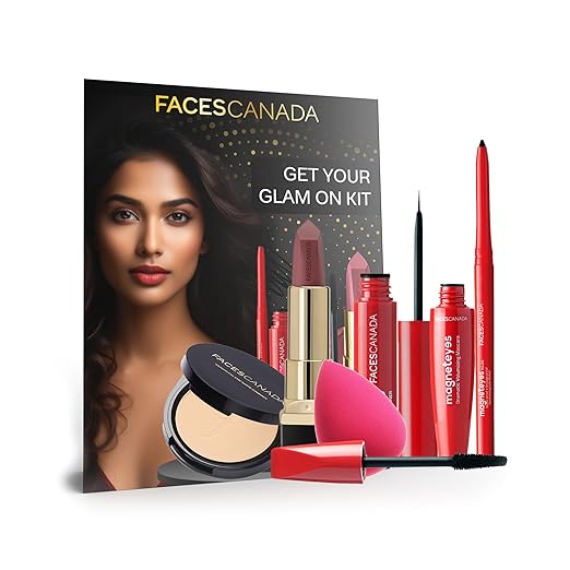 FACES CANADA Get Your Glam On Kit - Kajal (0.35g) + Lipstick (4.2g) + Compact (9g) + Eyeliner (3.5ml) + Mascara (9.5ml) + Beauty Blender | Pack of 6 | Makeup Kit For Women