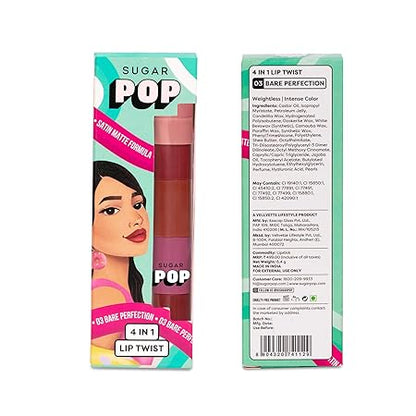 SUGAR POP 4 in 1 Lip Twist - 03 Bare Perfection | Multi-use Stackable Lipsticks for Women | Satin Matte Hydrating Formula | 6.4g