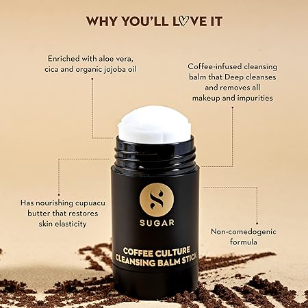 SUGAR Cosmetics Coffee Culture Cleansing Balm Stick - Face Cleanser & Makeup Remover | Vegan & Cruelty free | All Skin Type | 30 gms