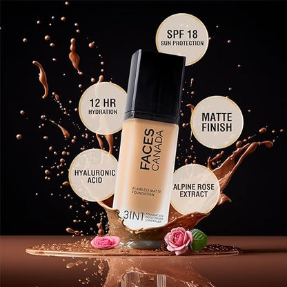 FACES CANADA Flawless Matte Foundation - Caramel Natural 023, 30 ml | 3-in-1 Foundation + Moisturizer + Concealer | 12 HR Hydration + SPF 18 | Full HD Matte Coverage | Lightweight | Anti Ageing