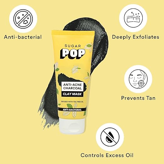 SUGAR POP Anti-acne Charcoal Clay Mask -Enriched with Charcoal Powder , Glycolic Acid, Licorice Root , Tea Tree Oil, Bentonite and Kaolin to treat pimples, oily skin and blackheads l Face mask for women