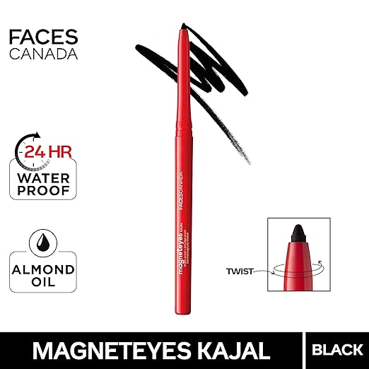 FACESCANADA Magnet Eyes Kajal, Waterproof,24Hrs Long Stay,Smudgeproof,Fadeproof,Almond Oil&Vit E Enriched,One Stroke Smooth Glide, Black 0.35G&Faces Liquid Sindoor,Red,2.5Ml,Matte Finish