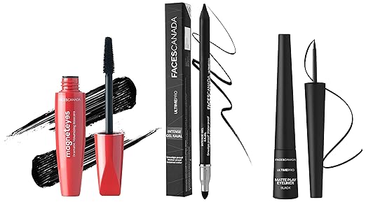 FACESCANADA Ultime Pro Matte Play Pencil Eyeliner Black 01 2.5 Ml (Black) & Ultime Pro Intense Gel Kajal 1.2 G Includes Sharpener (Black) & Magneteyes Dramatic Volumizing Mascara Black 9.5 Ml (Black)