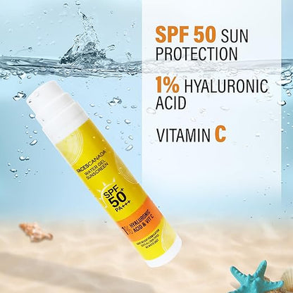 FACES CANADA Water Gel Sunscreen, 50g | SPF 50 PA+++ | Protects From UVA, UVB & Blue-Light Rays | 1% Hyaluronic Acid & Vitamin C | Lightweight | No White Cast | Natural Radiant Glow| No Alcohol