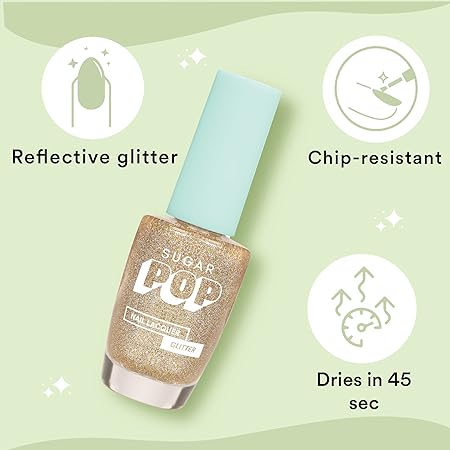 SUGAR POP Nail Lacquers Glitter – 02 Bling & Beyond (Golden Glitter) | Dries in 45 seconds |Chip-resistant | Glossy Finish | High Shine | Glitter Nail Polish for Women