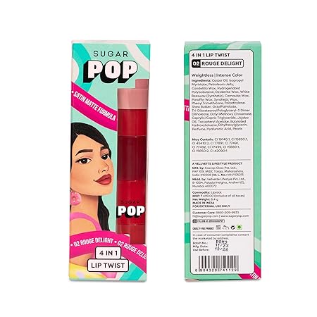 SUGAR POP 4 in 1 Lip Twist - (02 Rouge Delight)| Multi-use Stackable Lipsticks for Women | Satin Matte Hydrating Formula | 6.4g