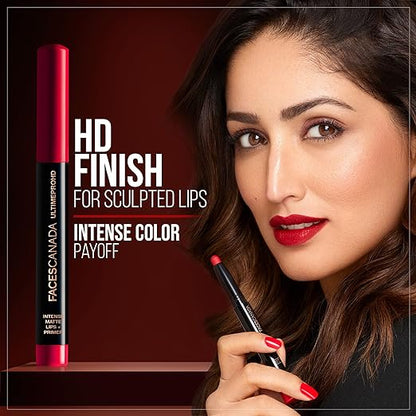 FACES CANADA Ultime Pro HD Intense Matte Lipstick + Primer - Scarlet (Red), 1.4g | 9HR Long Stay | Flawless HD Matte Finish | Intense Color | Lightweight | Smooth Glide | Primer Infused