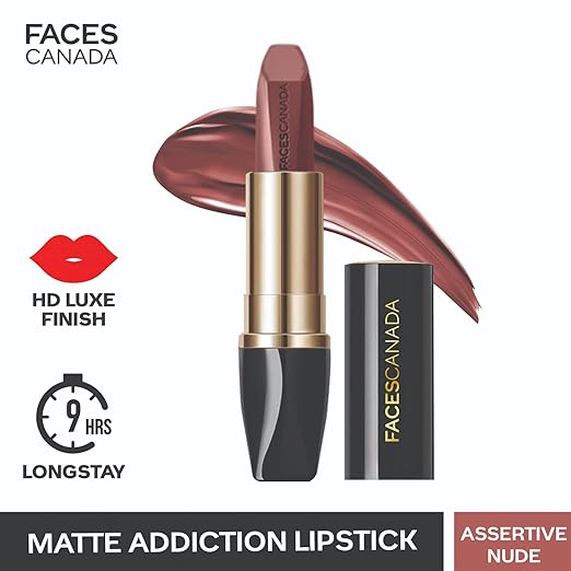 FACESCANADA Matte Addiction Lipstick - Expressive Peach, 3.7g | 9HR Longstay | HD Luxe Finish | Intense Color | Hydrating Comfort | Primer Infused | Smooth Creamy Texture |With Mulberry & Shea Butter