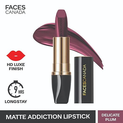 FACESCANADA Matte Addiction Lipstick - Brazen Pink, 3.7g | 9HR Longstay | HD Luxe Finish | Intense Color | Hydrating Comfort | Primer Infused | Smooth Creamy Texture | With Mulberry & Shea Butter