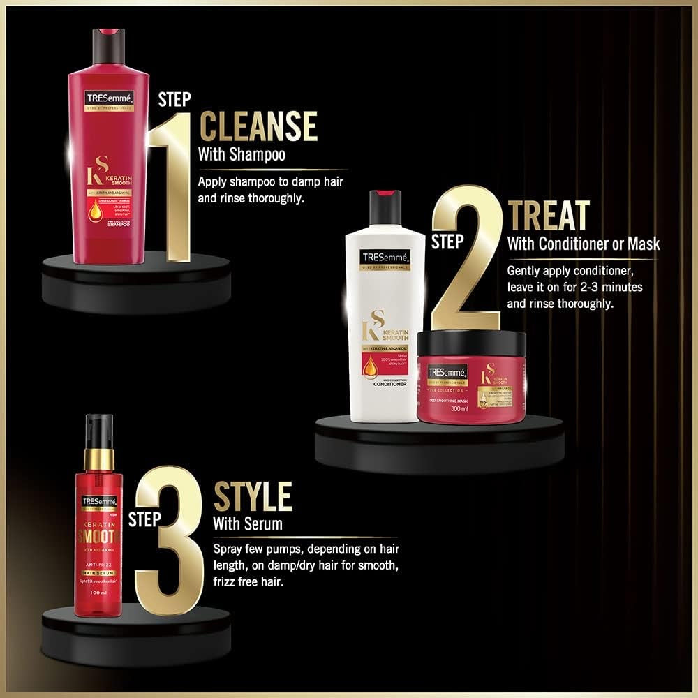 Pack of 2 Tresemme Keratin Smooth, Shampoo, 340ml, for Straighter, Shinier Hair, with Keratin & Argan Oil, Nourishes Dry Hair, Controls Frizz , for Men & Women