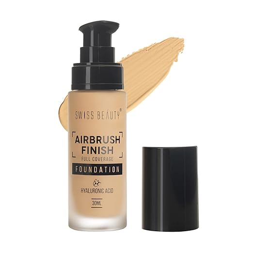 Swiss Beauty Airbrush Finish Lightweight Foundation | Full Coverage Blendable Foundation For Face Makeup |With Benefits Of Hyaluronic Acid, Aloevera And Vitamin E | 30Ml | Shade- Warm Sun