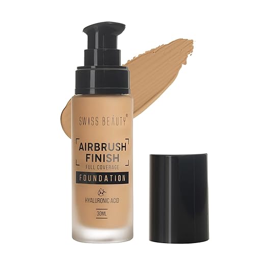 Swiss Beauty Airbrush Finish Lightweight Foundation | Full Coverage Blendable Foundation For Face Makeup |With Benefits Of Hyaluronic Acid, Aloevera And Vitamin E | 30Ml | Shade- Shell White