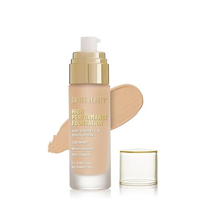 Swiss Beauty High Performance Foundation | Water-Resistant | Medium to Buildable Coverage | Lightweight | Easy to Blend | With Vitamin C & Niacinamide | Classic Ivory, 55g