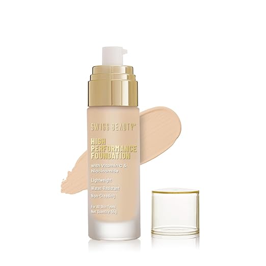 Swiss Beauty High Performance Foundation | Water-Resistant | Medium to Buildable Coverage | Lightweight | Easy to Blend | With Vitamin C & Niacinamide | Toffee Beige, 55g