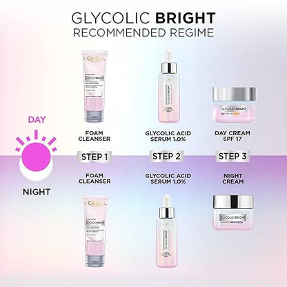 Pack Of 2 L'Oreal Paris Glycolic Bright Skin Brightening Serum, 15ml 1% Glycolic Acid For Dark Spots, Pigmentation & Uneven Skin Tone + Glycolic Bright Glowing Night Cream, 15ml, Regime