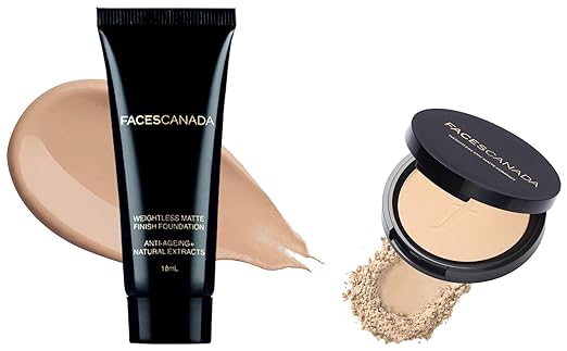 Faces Canada Weightless Matte Finish Foundation Mini, 18ml, Natural 02, 1 Count & Weightless Stay Matte Compact Powder Vitamin E & Shea Butter, Spf 20 Natural 02, 9g