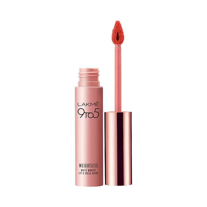 Lakme 9 To 5 Weightless Mousse Lip & Cheek Color, Matte lipstick & Blush, Lightweight, Long Lasting Lip & Cheek Tint For Dewy Look, Blush Velvet, 9