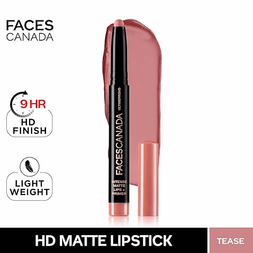 FACES CANADA Ultime Pro HD Intense Matte Lipstick + Primer - Tease (Nude), 1.4g | 9HR Long Stay | Flawless HD Matte Finish | Intense Color | Lightweight | Smooth Glide | Primer Infused