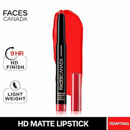 FACES CANADA Ultime Pro HD Intense Matte Lipstick + Primer - Scarlet (Red), 1.4g | 9HR Long Stay | Flawless HD Matte Finish | Intense Color | Lightweight | Smooth Glide | Primer Infused