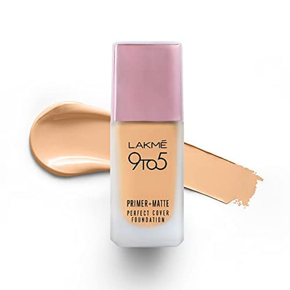 Lakmé 9 To 5 Primer + Matte Perfect Cover Liquid Foundation, C100 Cool Ivory, 25Ml, Matte Finish