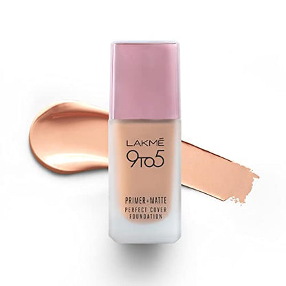 Lakmé 9 To 5 Primer + Matte Perfect Cover Liquid Foundation, C100 Cool Ivory, 25Ml, Matte Finish