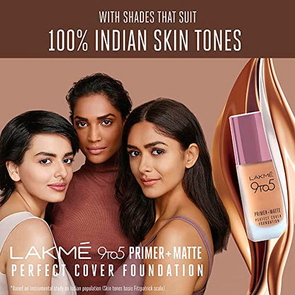 Lakmé 9 To 5 Primer + Matte Perfect Cover Liquid Foundation, C100 Cool Ivory, 25Ml, Matte Finish