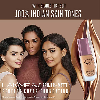 Lakmé 9 To 5 Primer + Matte Perfect Cover Liquid Foundation, C100 Cool Ivory, 25Ml, Matte Finish